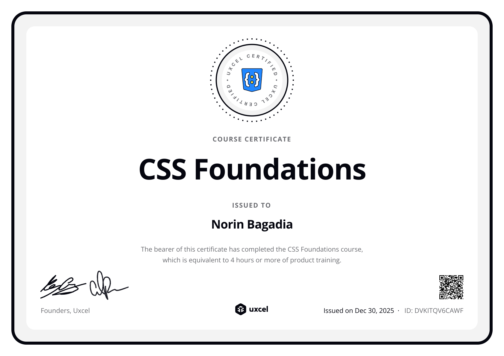 Norin Bagadia's certificate